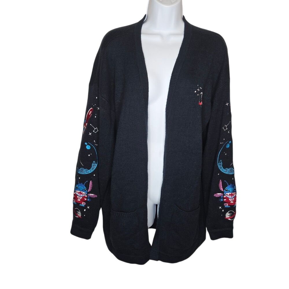 Disney Stitch Spacesuit Embroidered Cardigan Sweater Navy Blue Size Large